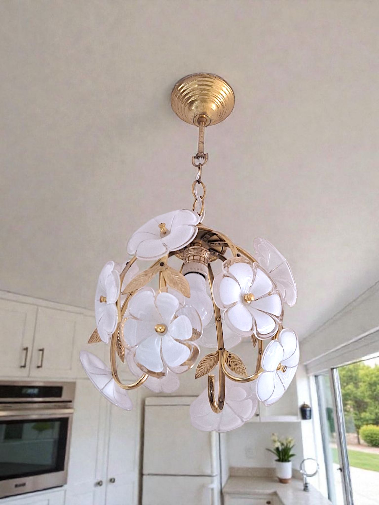 Vintage Murano Glass Flower Chandelier – White Floral Glass & Gold Brass Ceiling Light