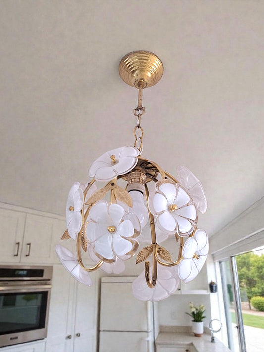 Vintage Murano Glass Flower Chandelier – White Floral Glass & Gold Brass Ceiling Light