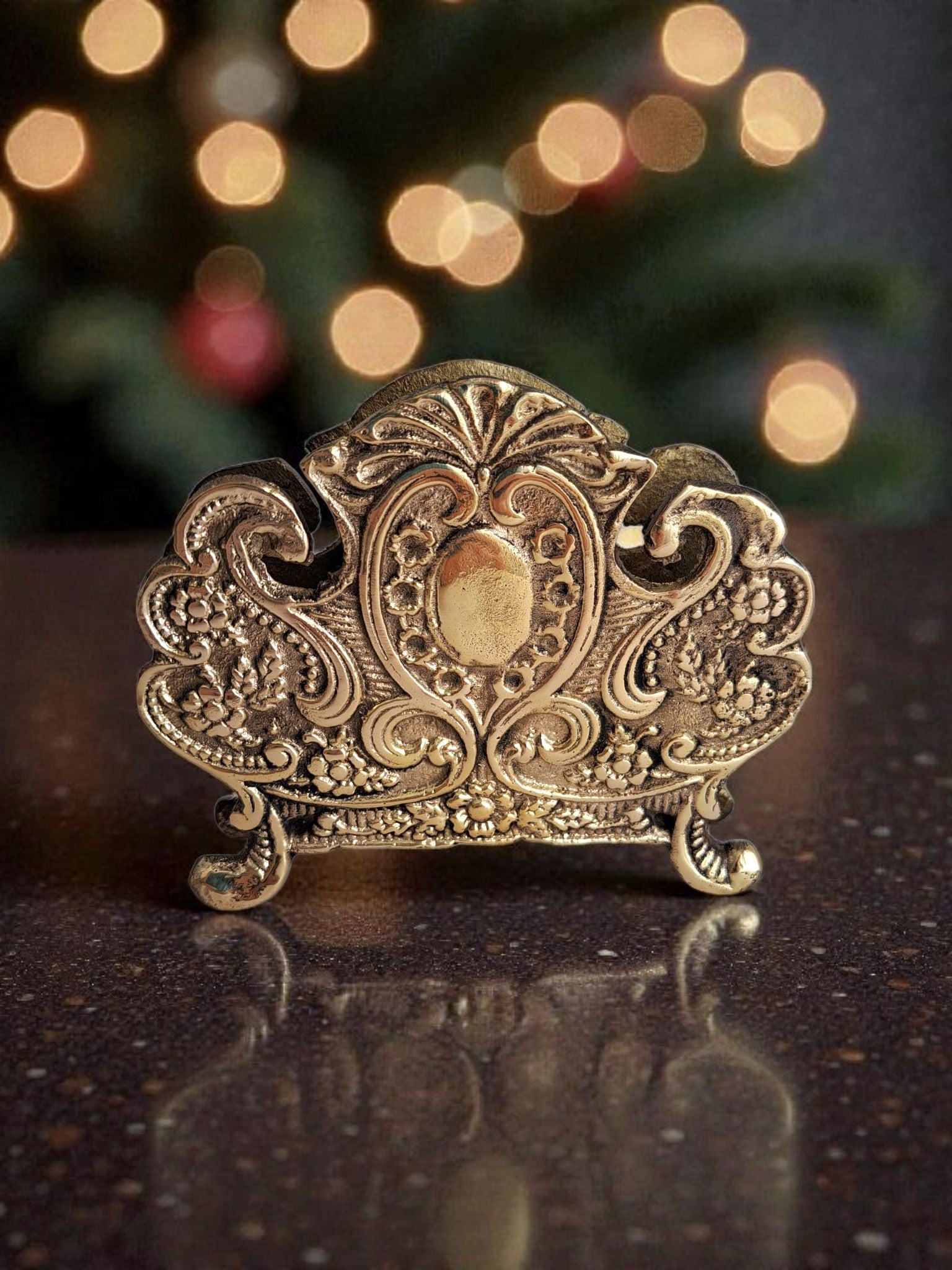 Handmade Victorian Brass Napkin Holder – Natural Brass Ornate Serviette Stand for Elegant Table Settings