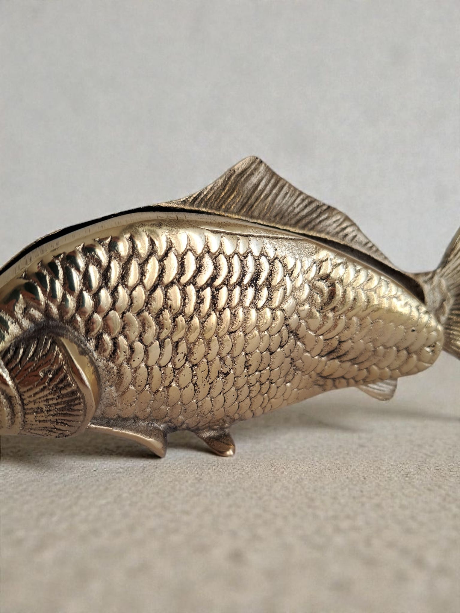 Bronze fish-shaped object on a light gray background