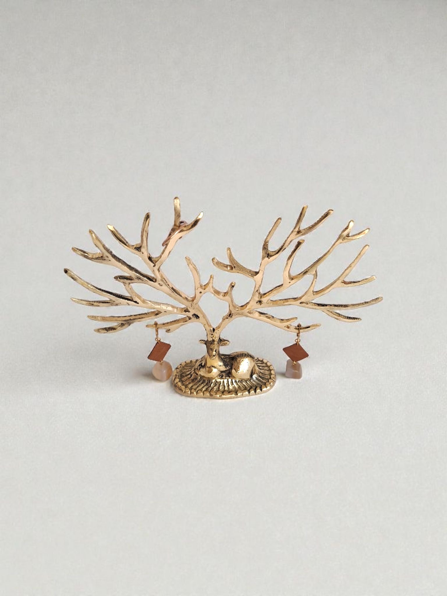 Brass Deer Jewelry Stand – Tree Shaped Handmade Tabletop Decor in Gold Finish