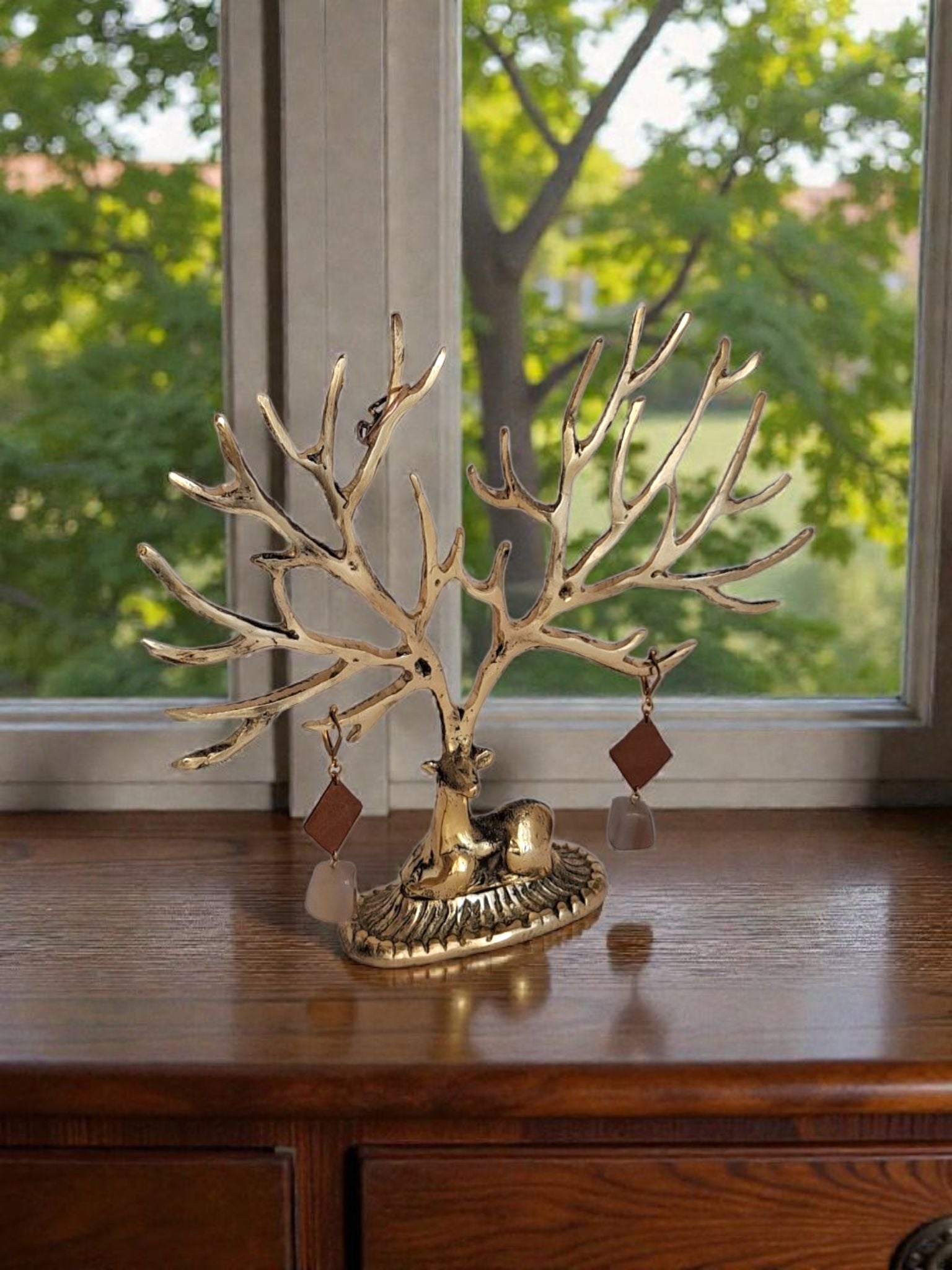 Brass Deer Jewelry Stand – Tree Shaped Handmade Tabletop Decor in Gold Finish