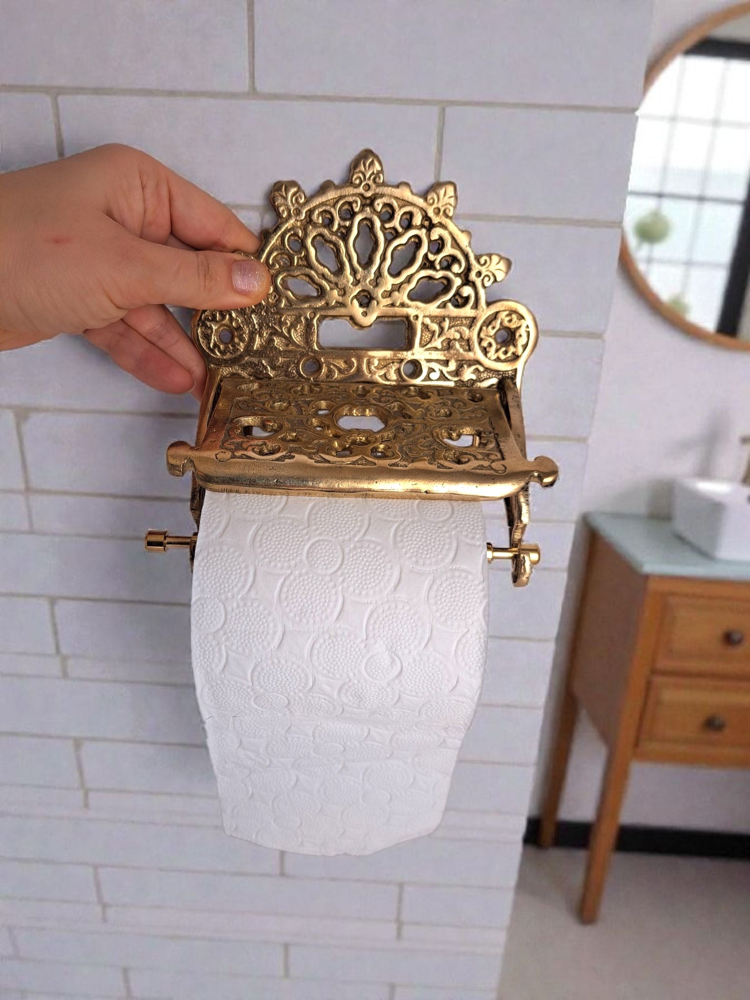 Handmade Solid Brass Toilet Paper Holder with Cover – Vintage Gold Wall Mounted Bathroom Accessory