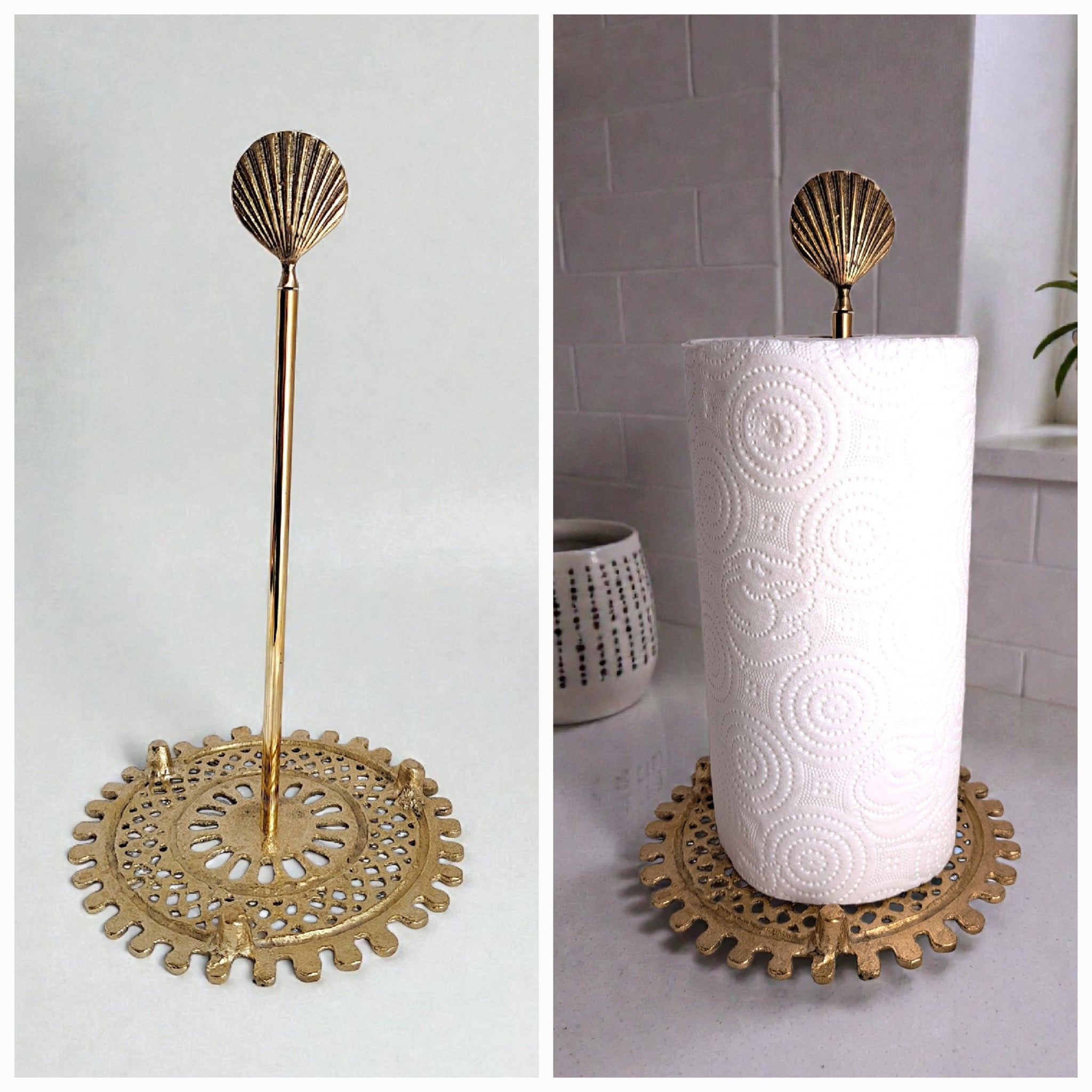 Solid Brass Countertop Paper Towel Holder – Decorative Gold Kitchen Roll Stand with Seashell Top