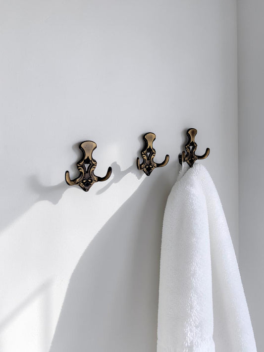 Antique Brass Double Wall Hook – Solid Brass Vintage Towel, Coat & Robe Hook for Bathroom, Kitchen, Entryway