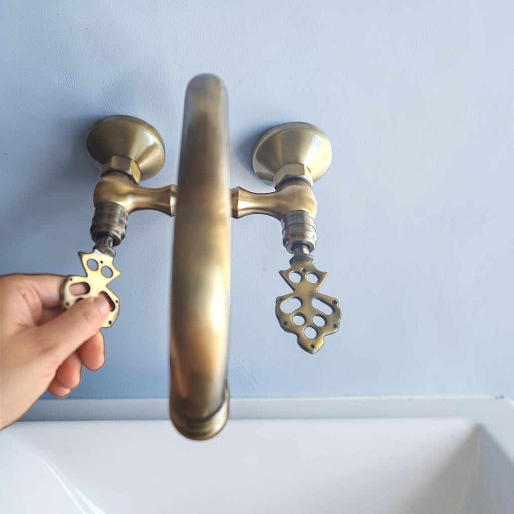 Vintage Brass Wall Mount Faucet, Antique Gold Bathroom & Kitchen Mixer Tap, Hot & Cold Water, Solid Cast Brass, 1/2 BSP Connection