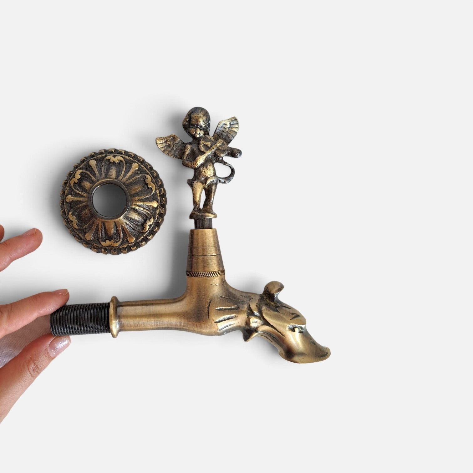 Antique Brass Angel Faucet with Violin Playing Cherub – Vintage Water Spigot