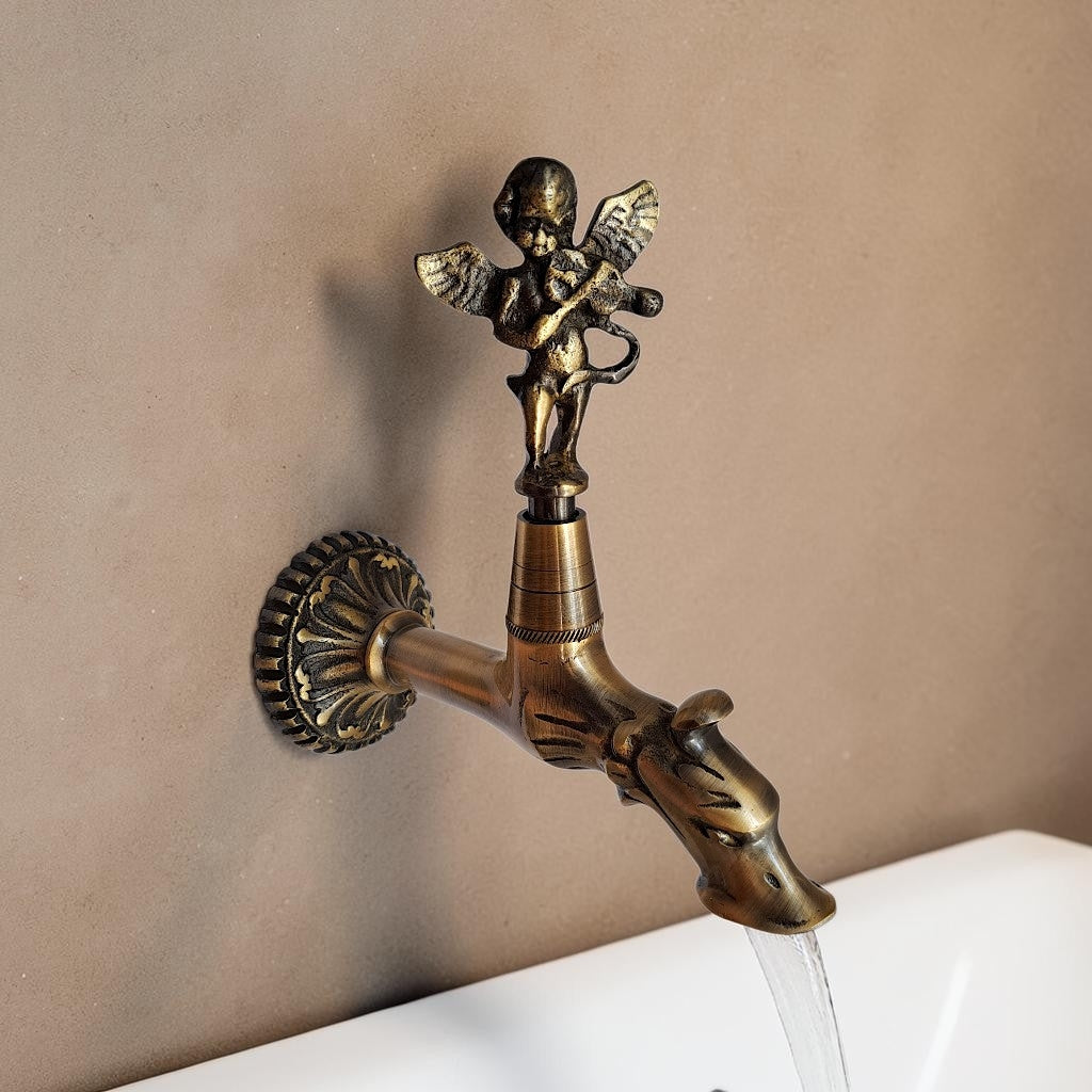 Antique Brass Angel Faucet with Violin Playing Cherub – Vintage Water Spigot