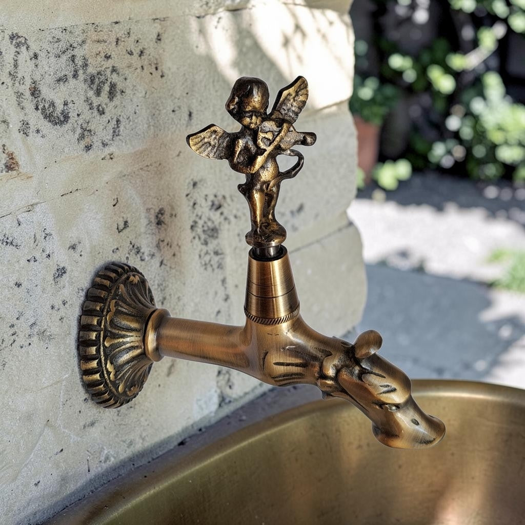 Antique Brass Angel Faucet with Violin Playing Cherub – Vintage Water Spigot