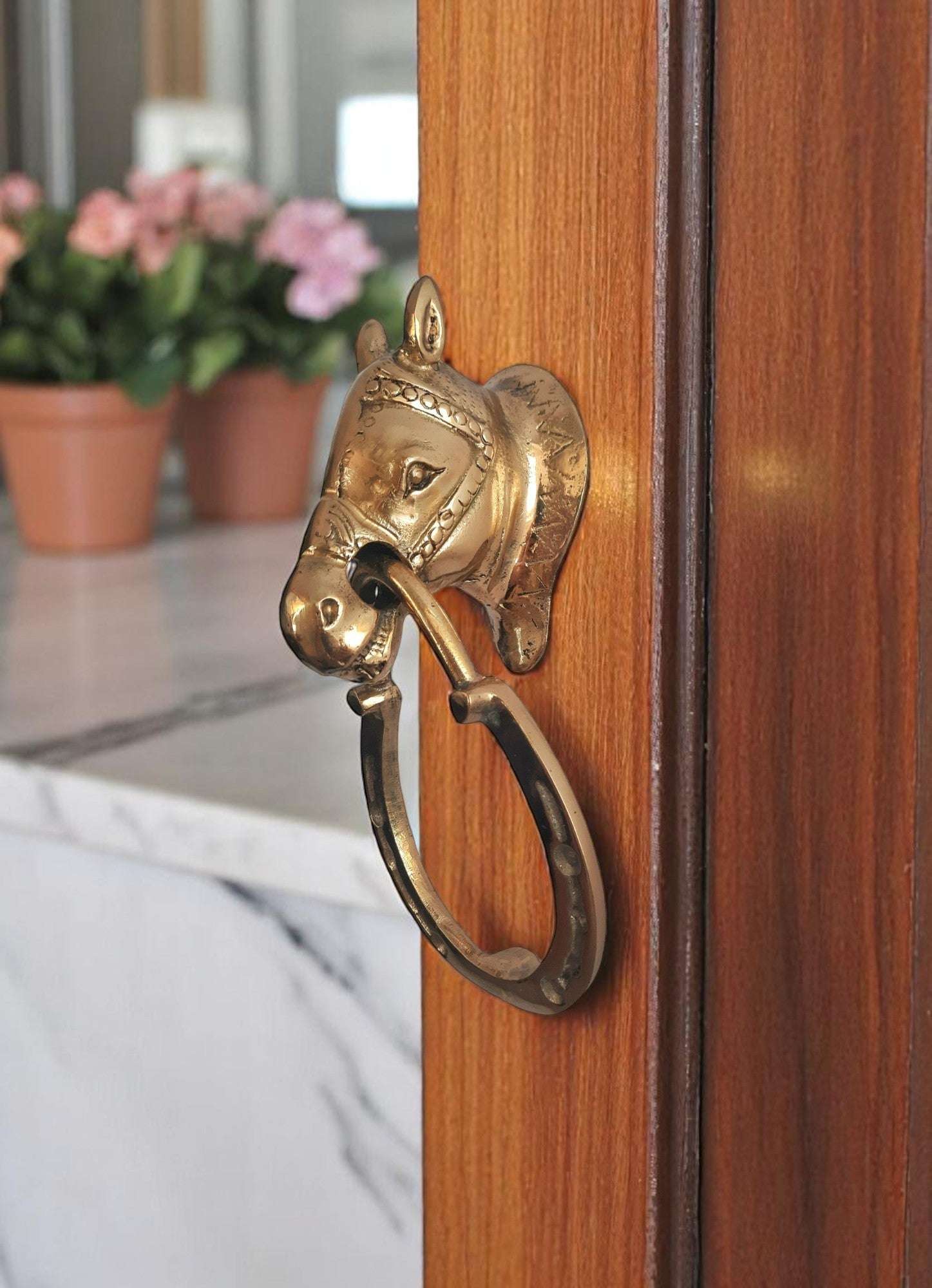 Solid brass horse head knocker mounted on wood panel