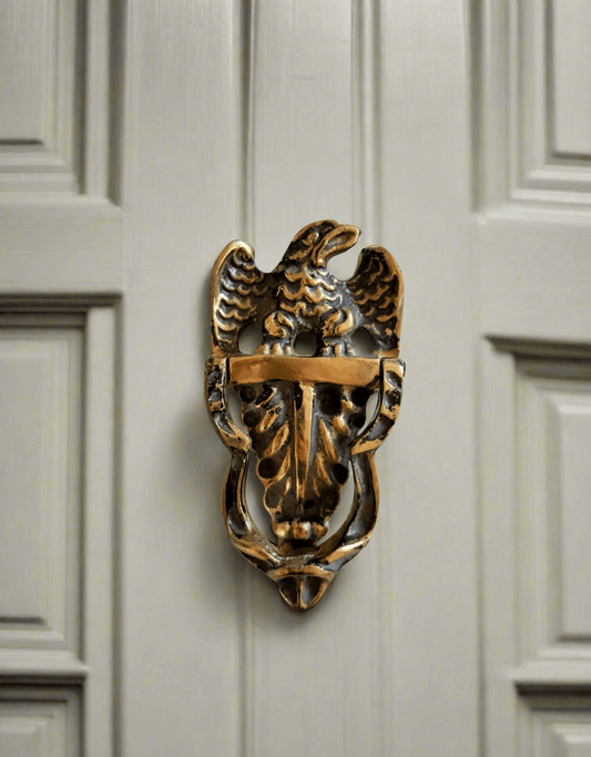 Handcrafted brass door knocker in eagle design, antique gold finish