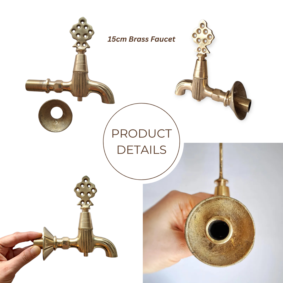 Grifo vintage de latón artesanal: grifo de pared estilo otomano con acabado dorado.