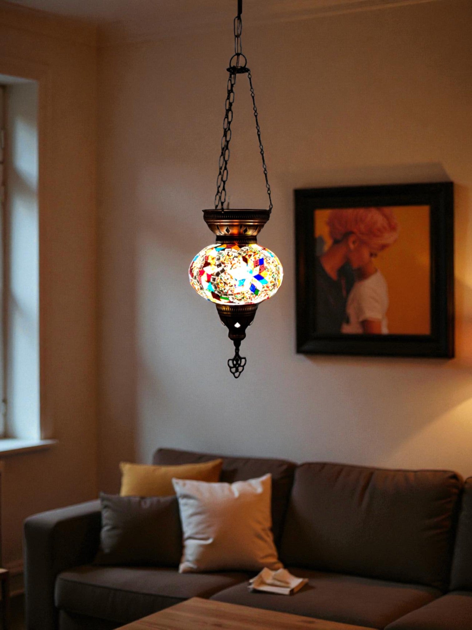 Colorful Mosaic Glass Ceiling Pendant Light with Adjustable Chain, 75cm