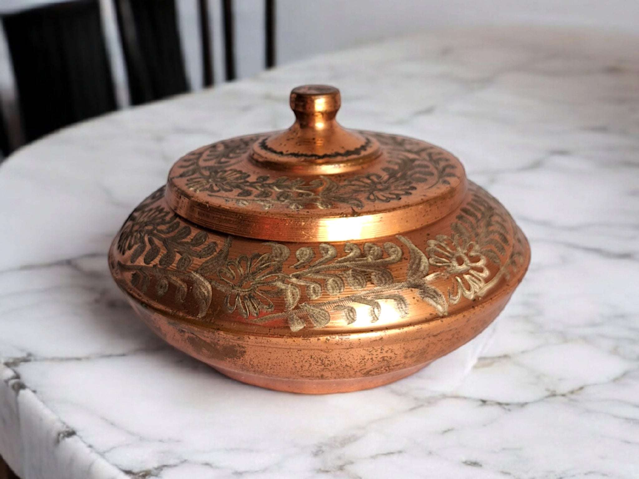 80s Vintage Copper Box with Lid Floral Design Trinket Storage