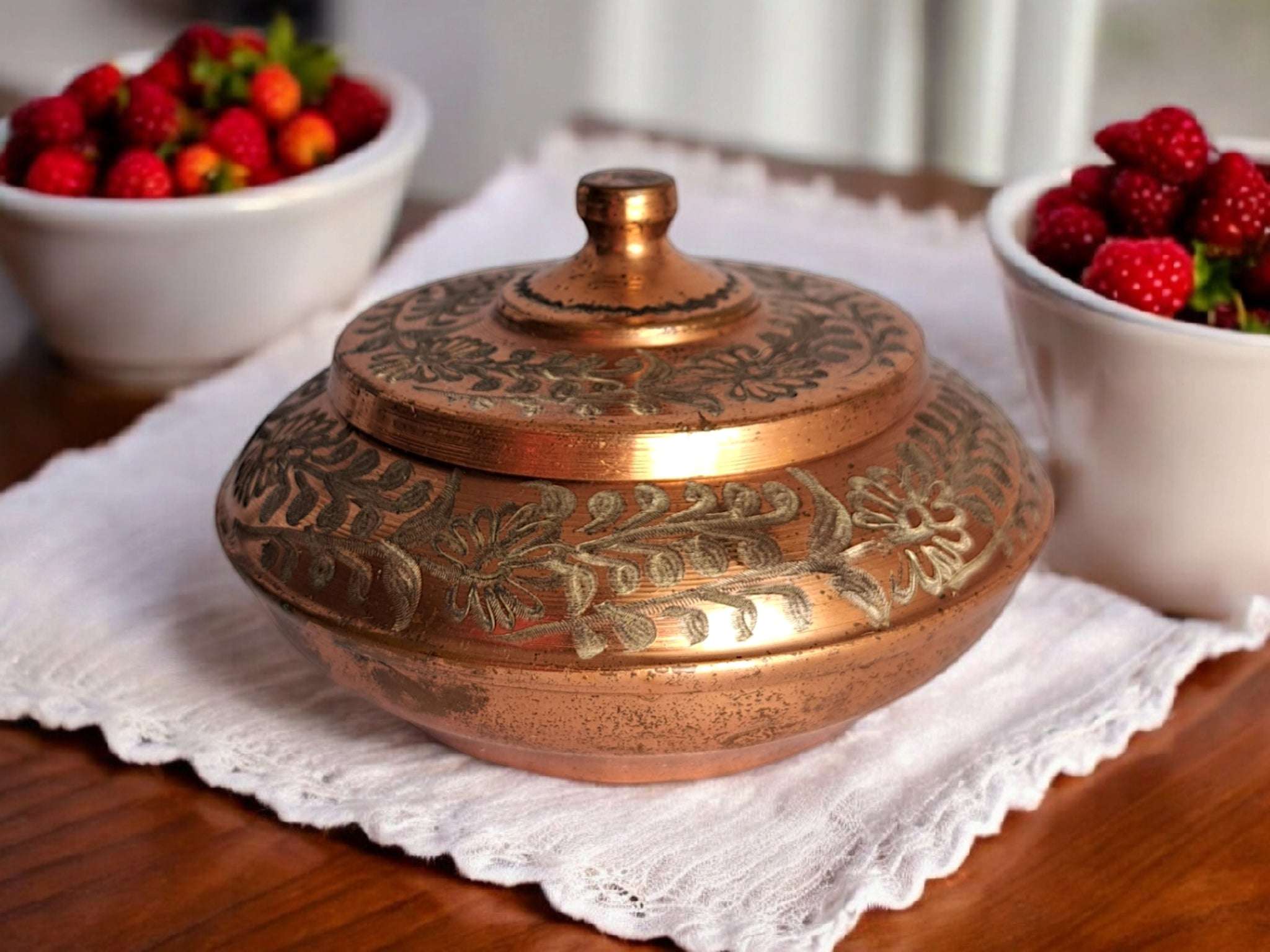 80s Vintage Copper Box with Lid Floral Design Trinket Storage