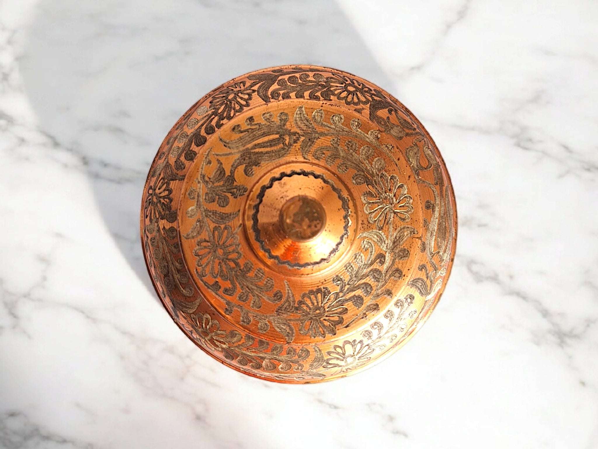 80s Vintage Copper Box with Lid Floral Design Trinket Storage