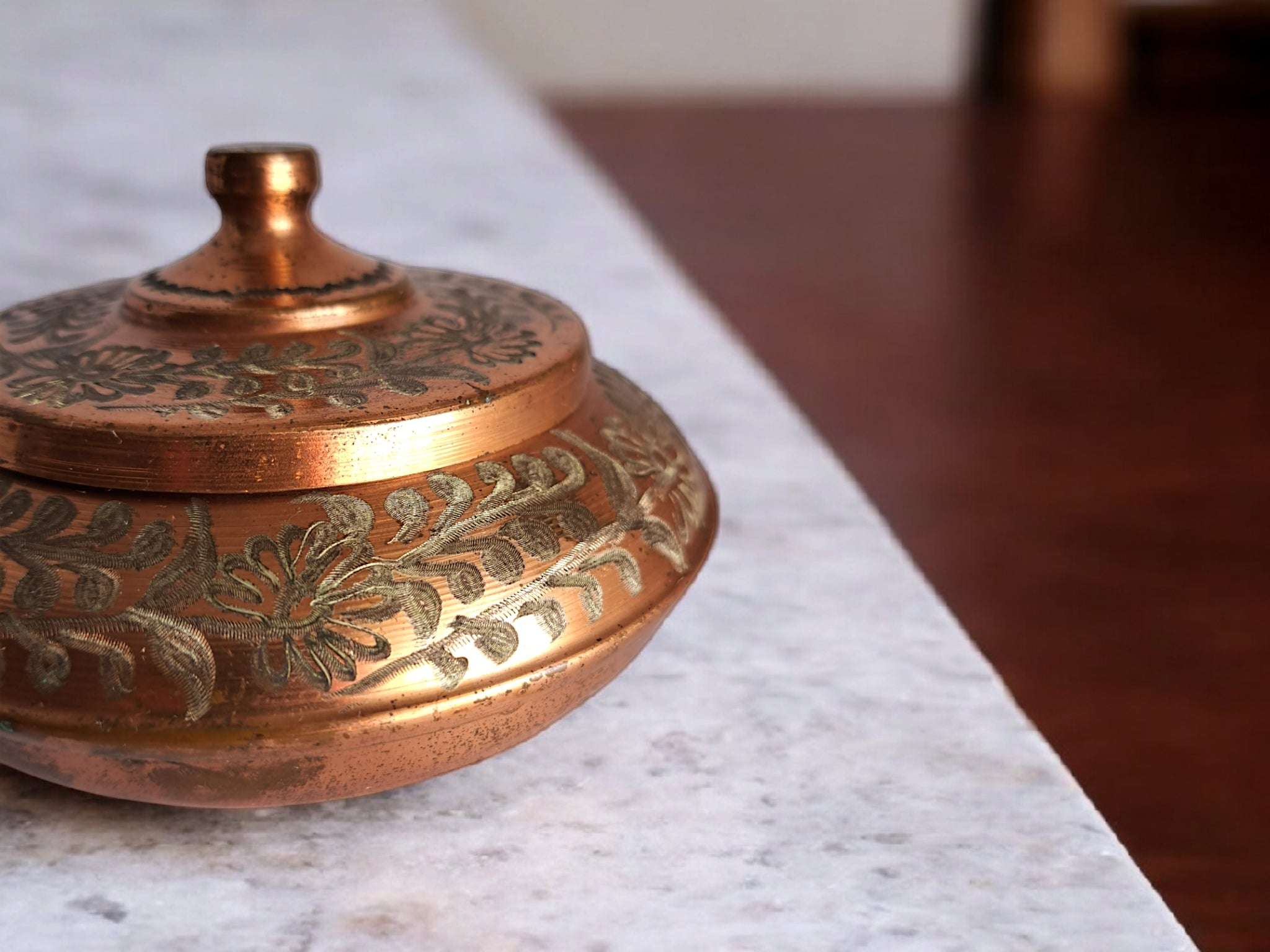 80s Vintage Copper Box with Lid Floral Design Trinket Storage