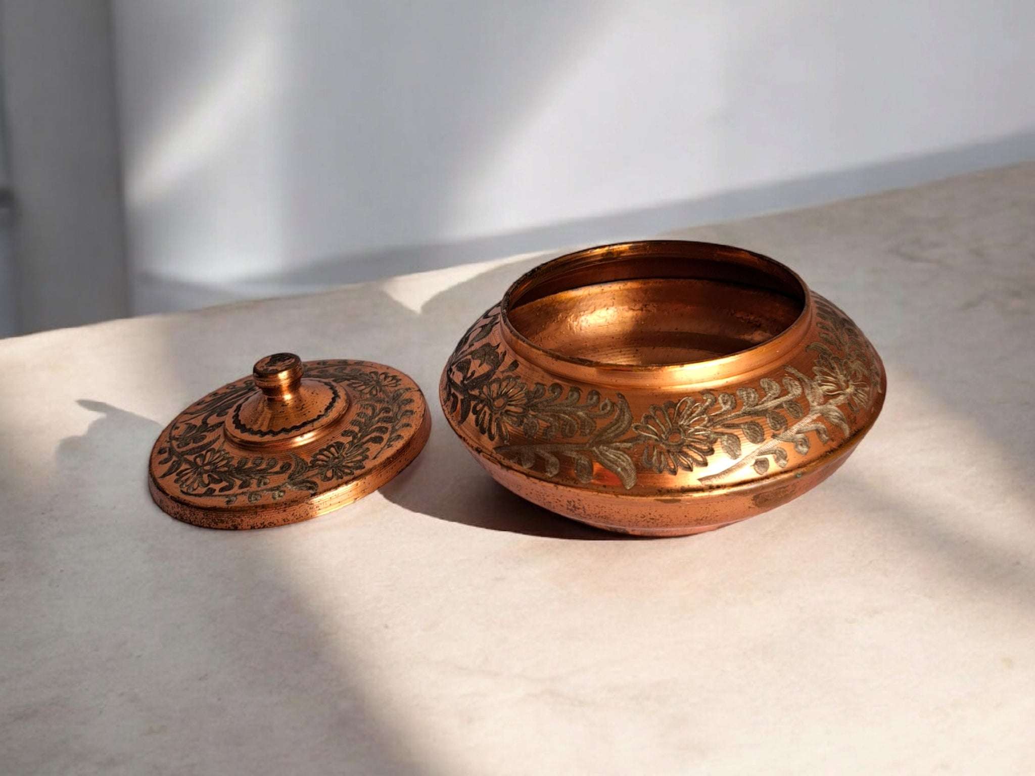 80s Vintage Copper Box with Lid Floral Design Trinket Storage