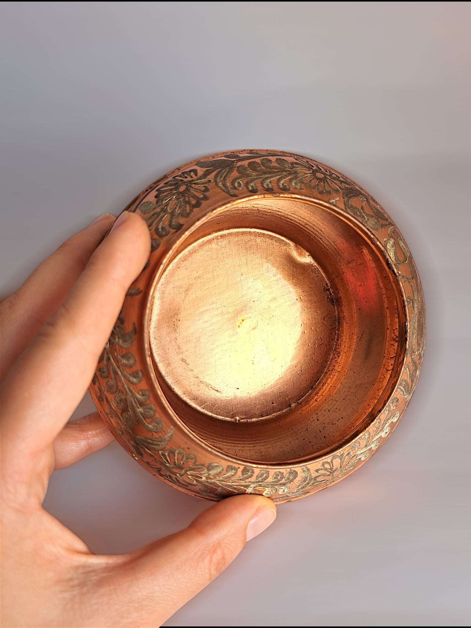 80s Vintage Copper Box with Lid Floral Design Trinket Storage