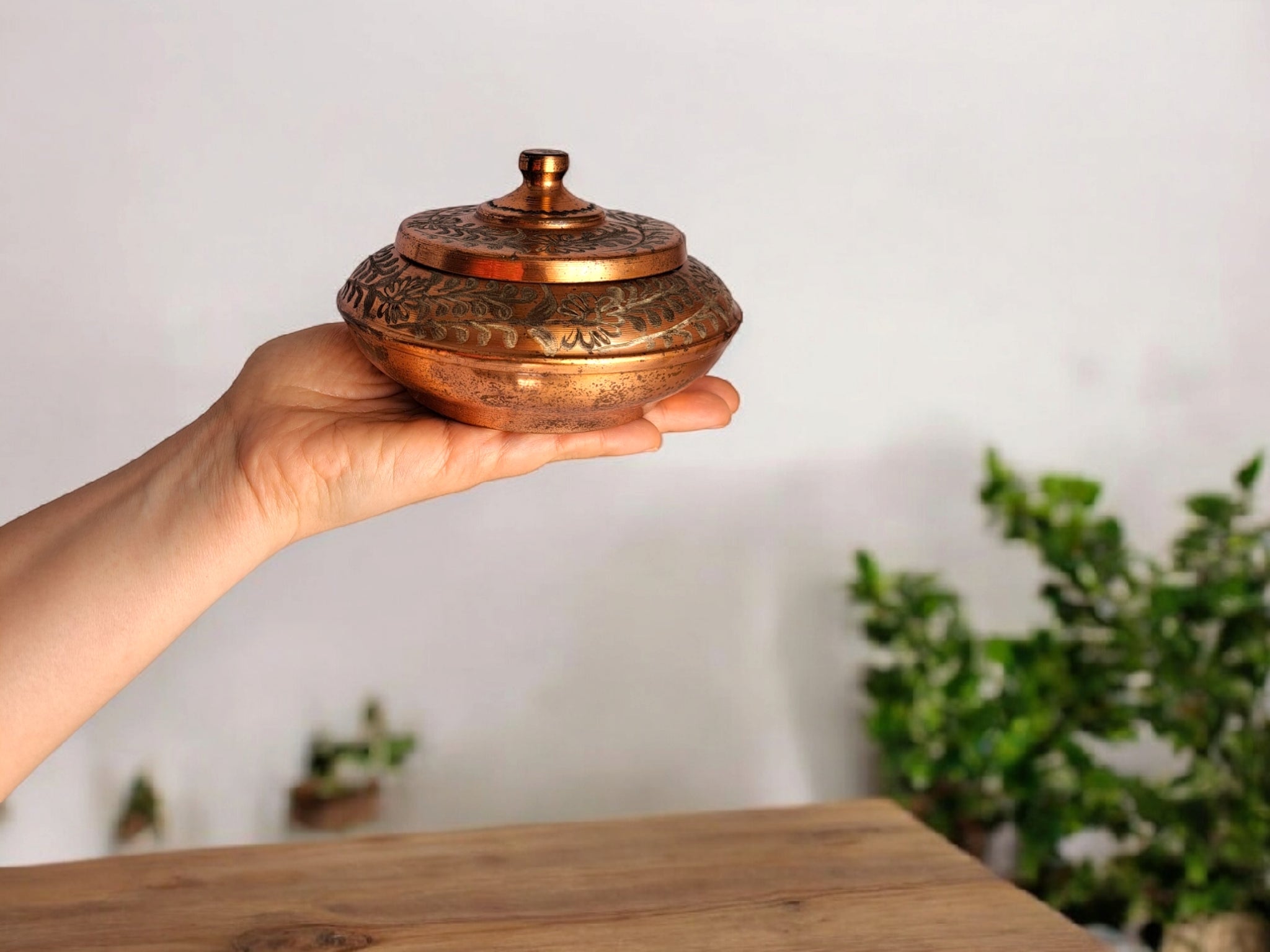 80s Vintage Copper Box with Lid Floral Design Trinket Storage