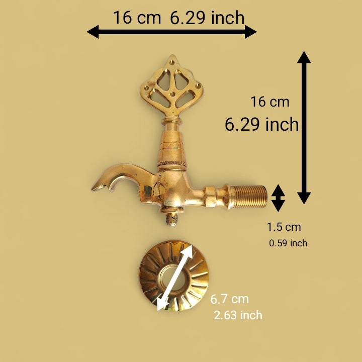 Brass faucet with measurements on a beige background