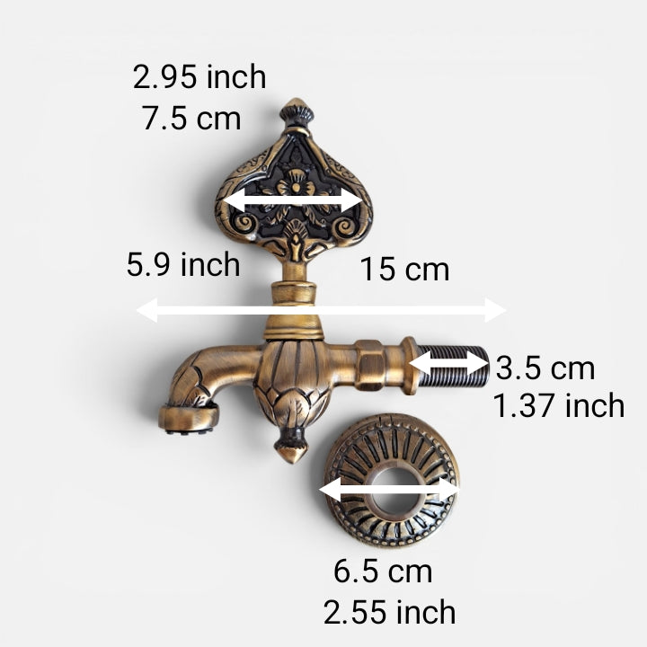 An ornate faucet hardware set on a light gray background with overlaid dimension arrows and text showing measurements in inches and centimeters.