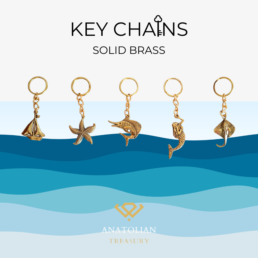 Handmade Solid Brass Sea Theme Keychain Collection - Sailboat, Starfish, Marlin, Mermaid, Stingray
