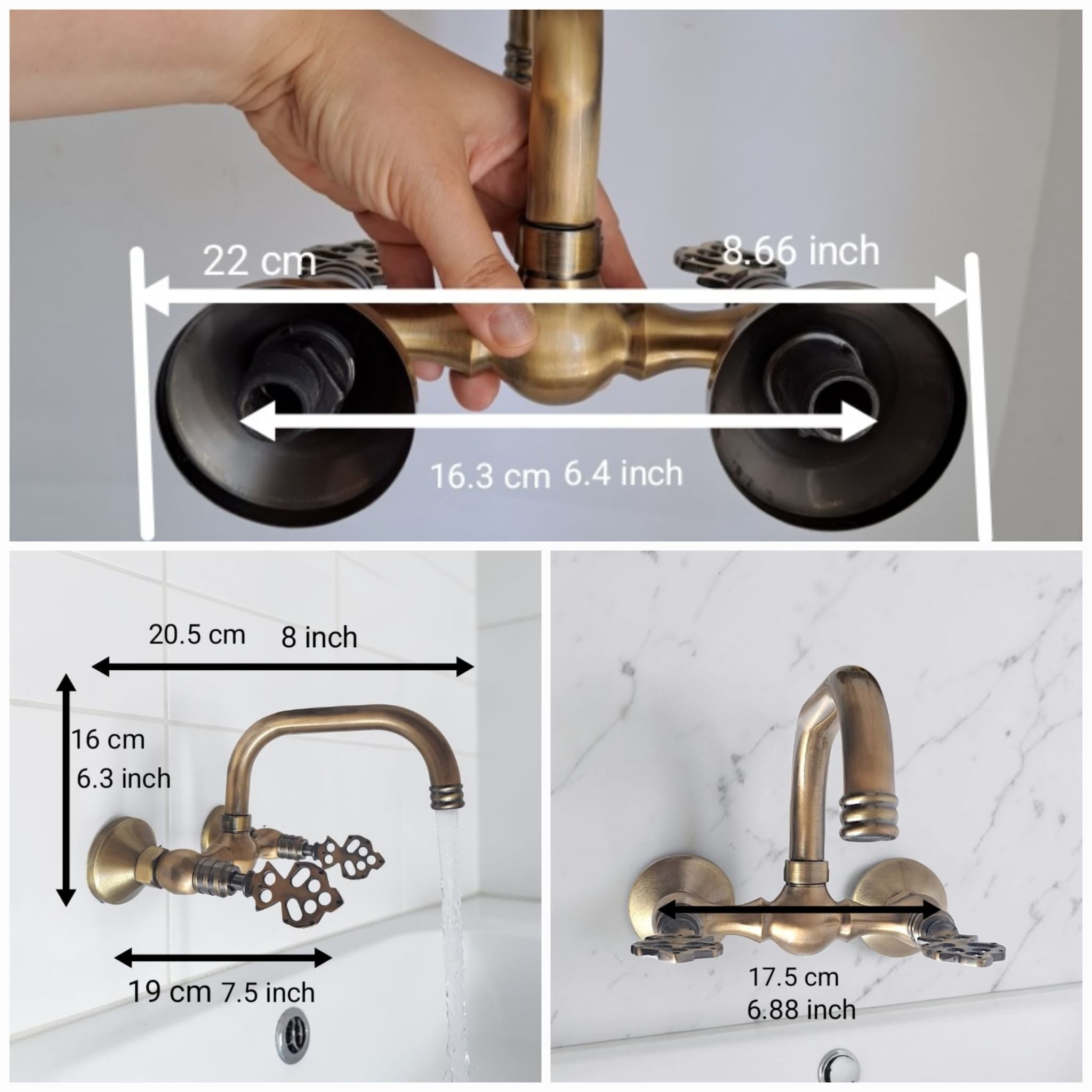 Vintage Brass Wall Mount Faucet, Antique Gold Bathroom & Kitchen Mixer Tap, Hot & Cold Water, Solid Cast Brass, 1/2 BSP Connection