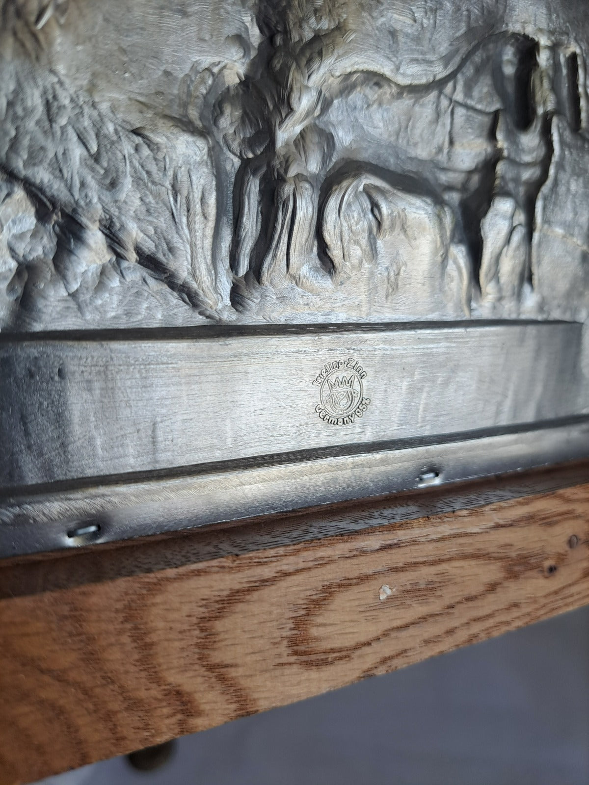 Vintage Frieling Zinn Pewter Relief Wall Plaque - German Harvest Scene with Horses, Farmer & Goethe Quote, Oak Framed Rustic Decor