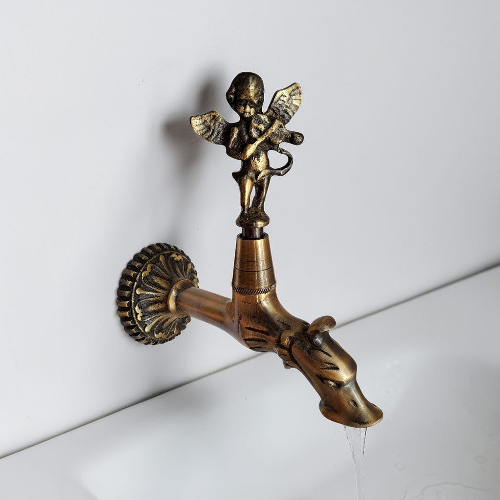 Antique Brass Angel Faucet with Violin Playing Cherub – Vintage Water Spigot