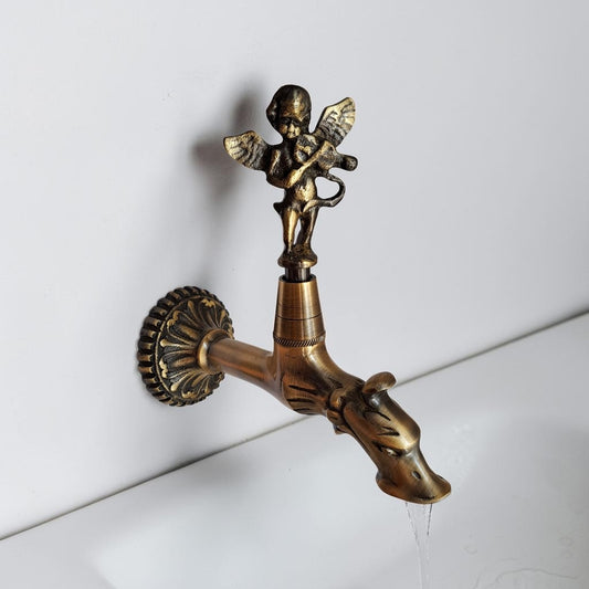 Antique Brass Angel Faucet with Violin Playing Cherub – Vintage Water Spigot