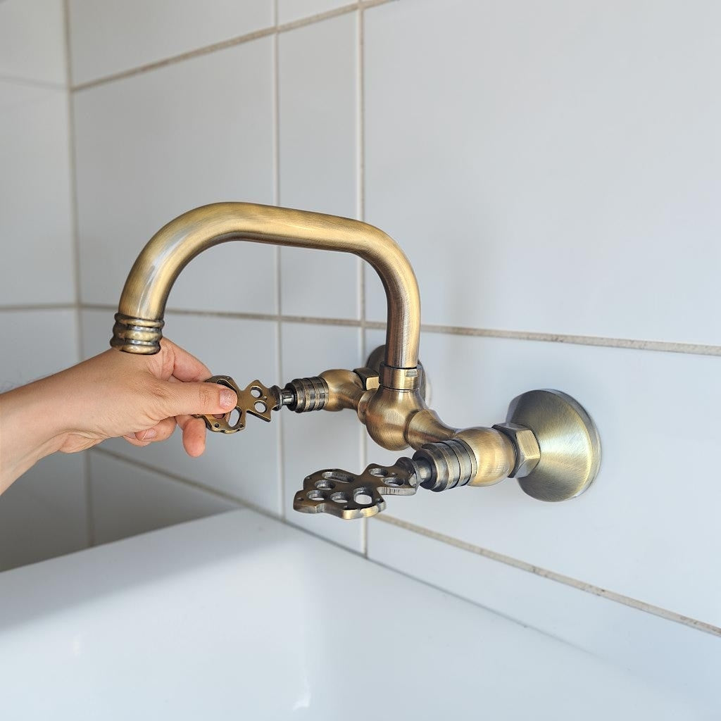 Vintage Brass Wall Mount Faucet, Antique Gold Bathroom & Kitchen Mixer Tap, Hot & Cold Water, Solid Cast Brass, 1/2 BSP Connection