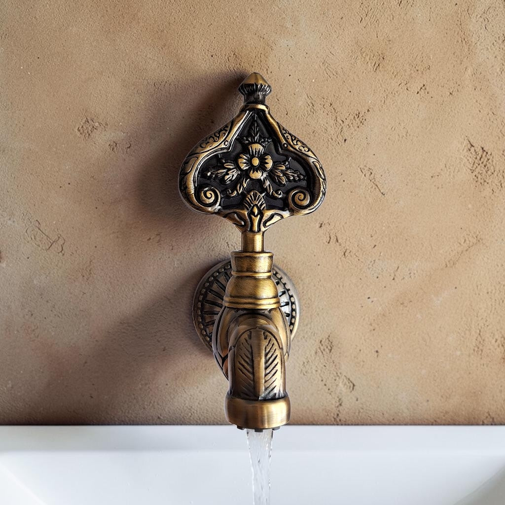 Solid Brass Decorative Ottoman Faucet | Antique Gold Vintage Wall Mounted Water Tap