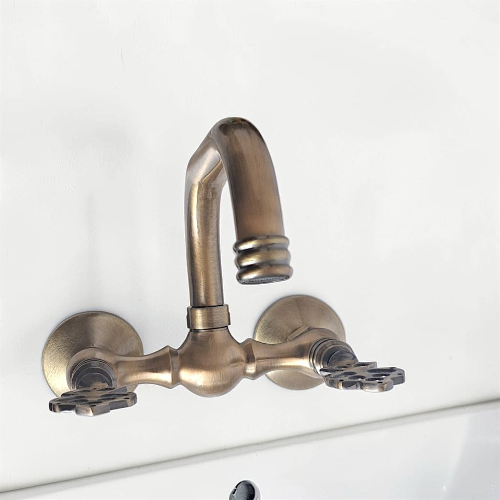 Vintage Brass Wall Mount Faucet, Antique Gold Bathroom & Kitchen Mixer Tap, Hot & Cold Water, Solid Cast Brass, 1/2 BSP Connection