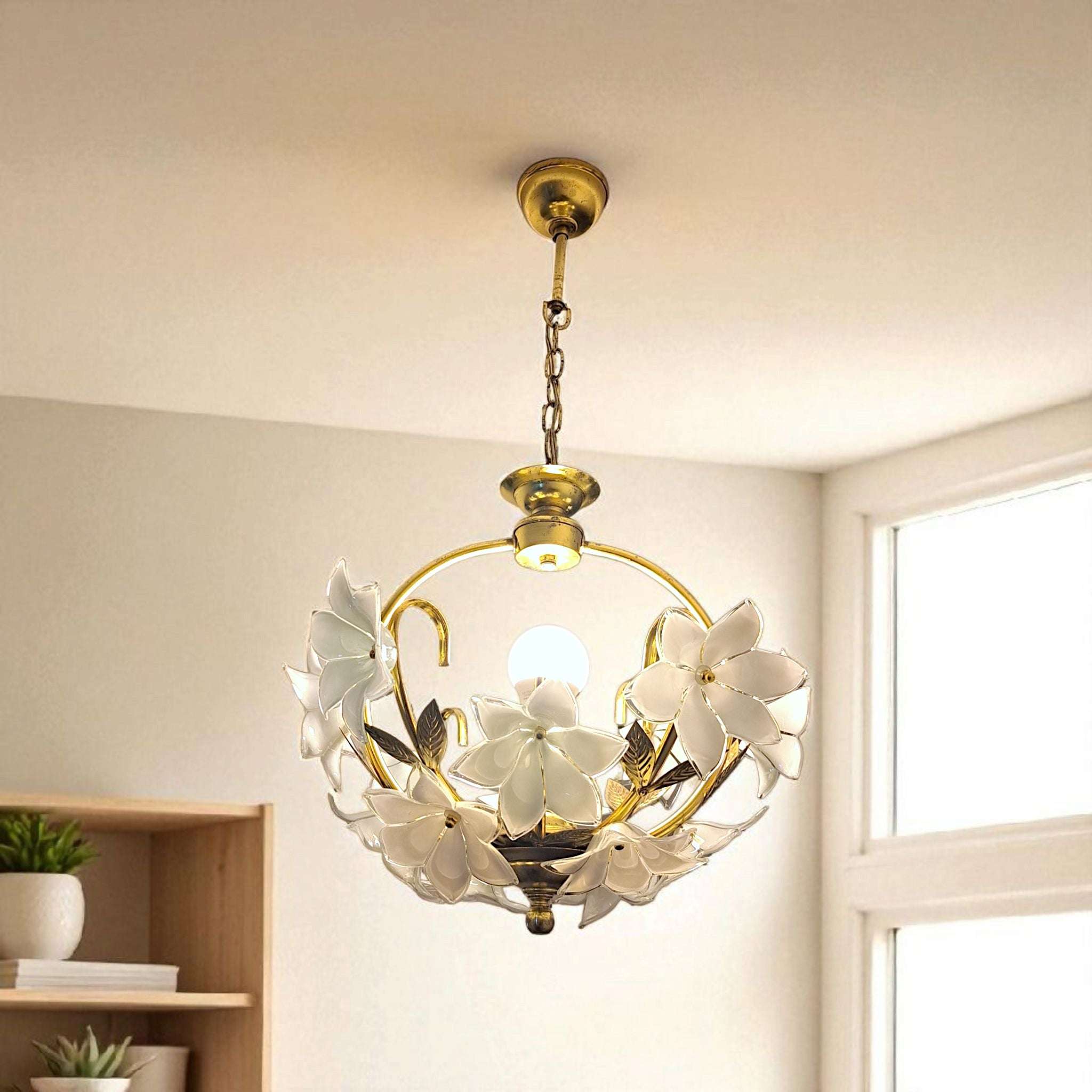 Stunning brass-plated floral chandelier, 63cm/24.8in Murano glass design.