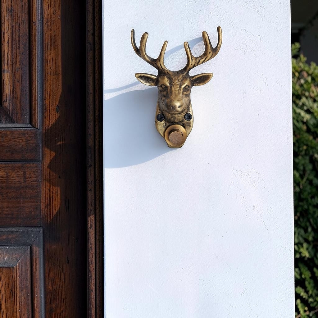 Brass Deer Head Doorbell | Handmade Wall Mounted Decorative Bell