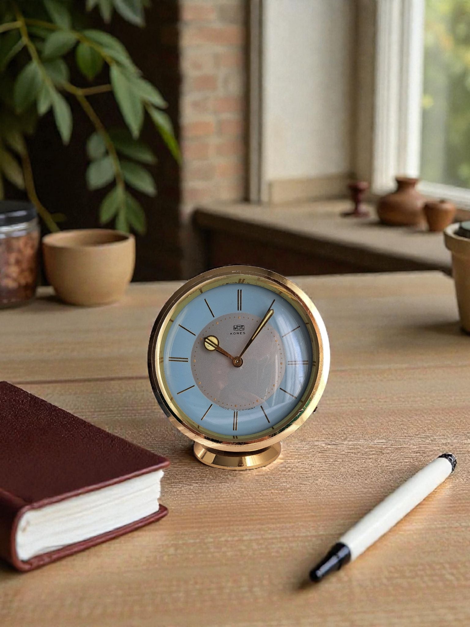 mid century brass desk clock on table