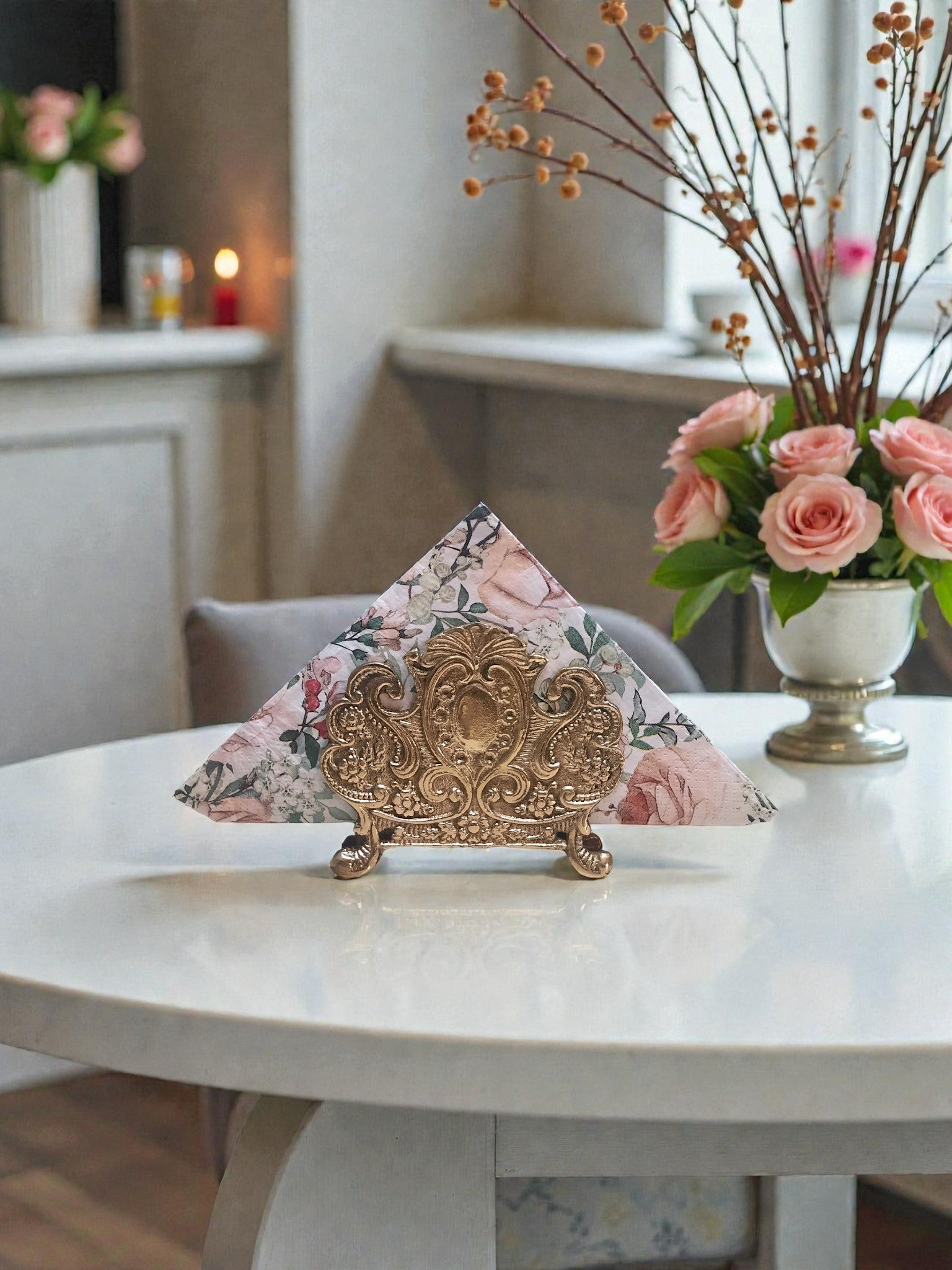 Handmade Victorian Brass Napkin Holder – Natural Brass Ornate Serviette Stand for Elegant Table Settings