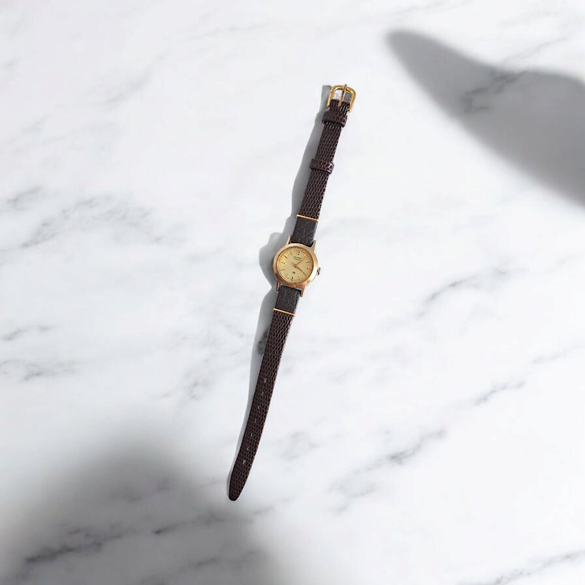 Vintage Orient Women Wrist Watch, Gold Case, Brown Leather Strap