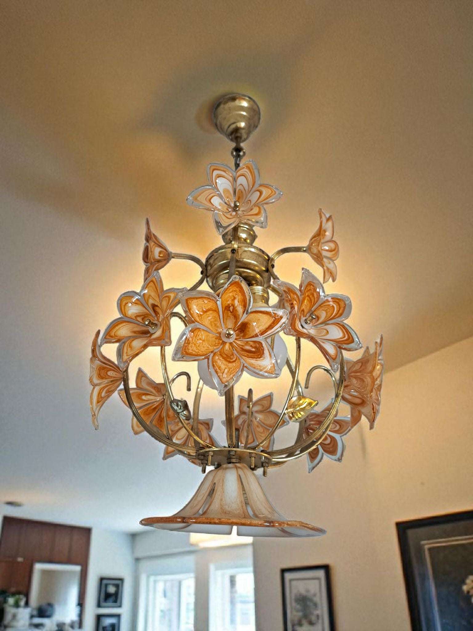 Vintage Caramel Murano Glass Flowers Chandelier 3-Light 1970s Italian Lighting Fixture
