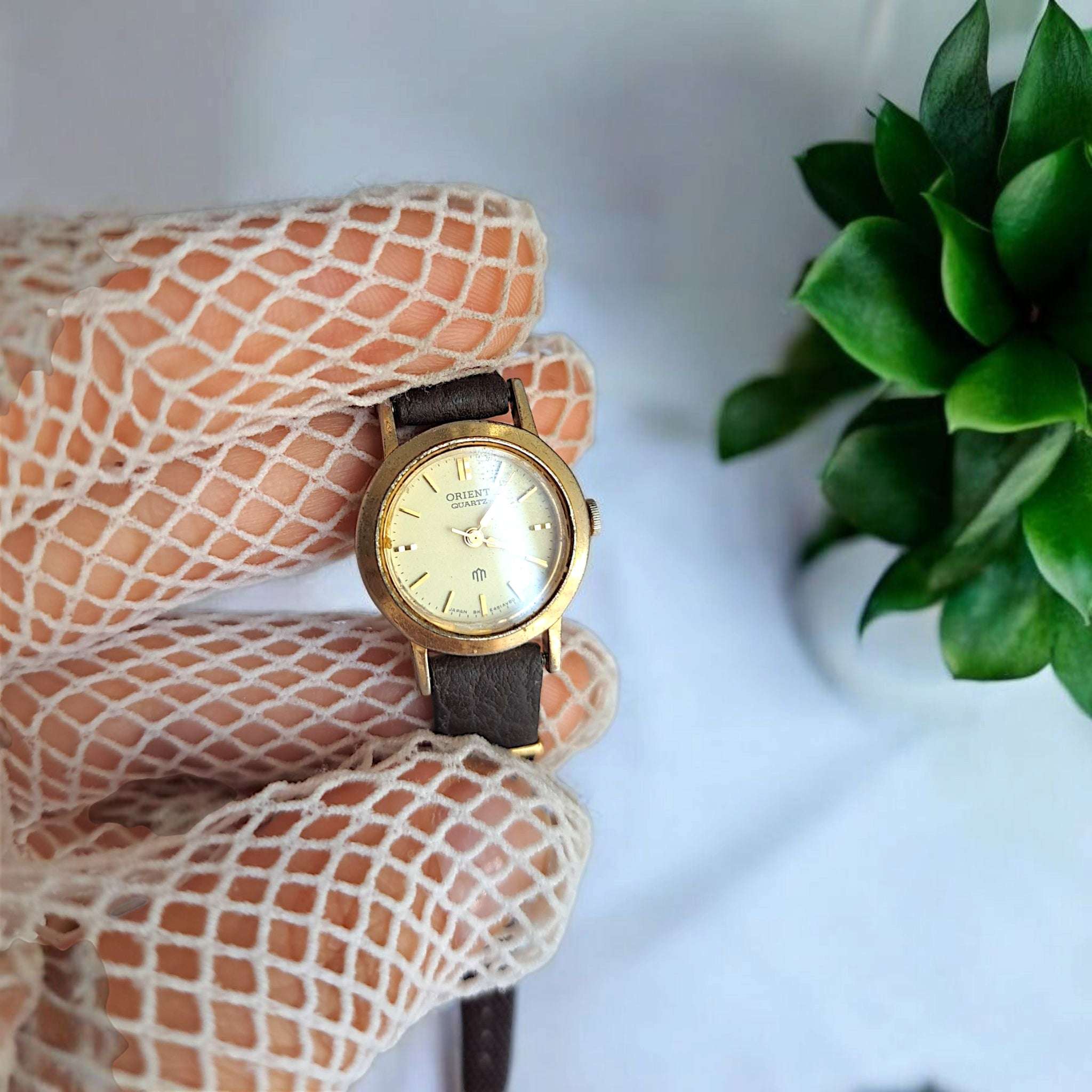 Vintage Orient Women Wrist Watch, Gold Case, Brown Leather Strap