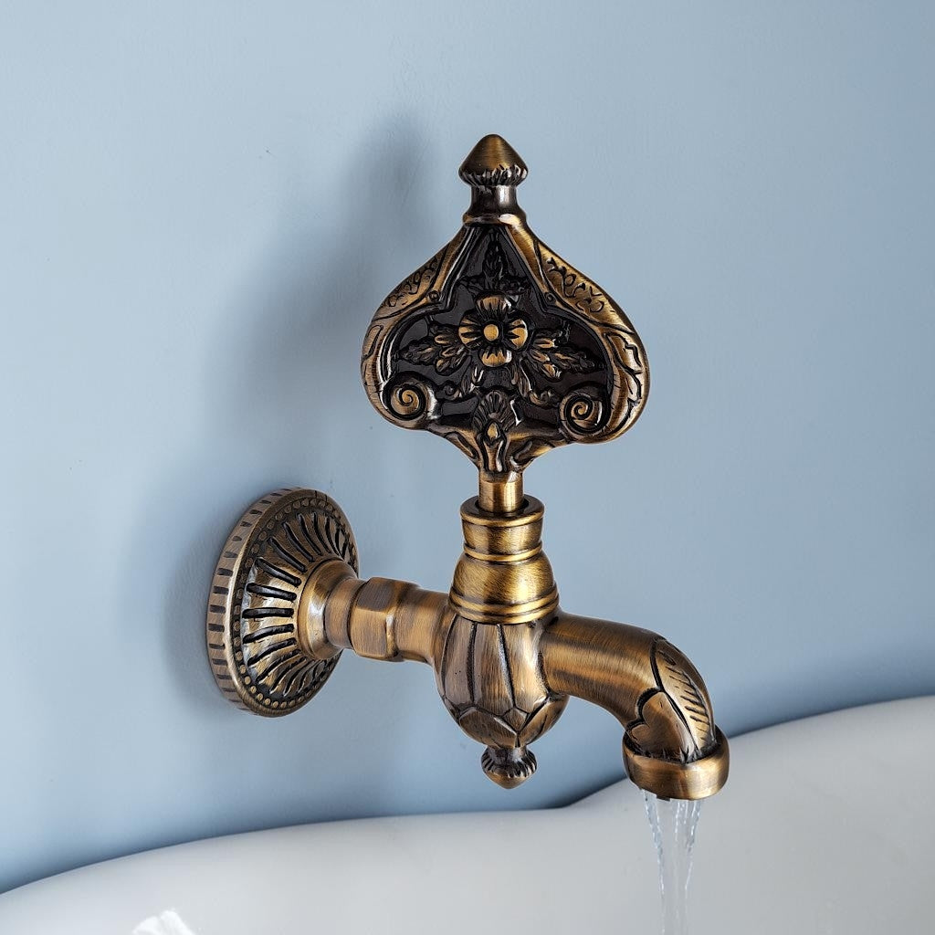 Solid Brass Decorative Ottoman Faucet | Antique Gold Vintage Wall Mounted Water Tap