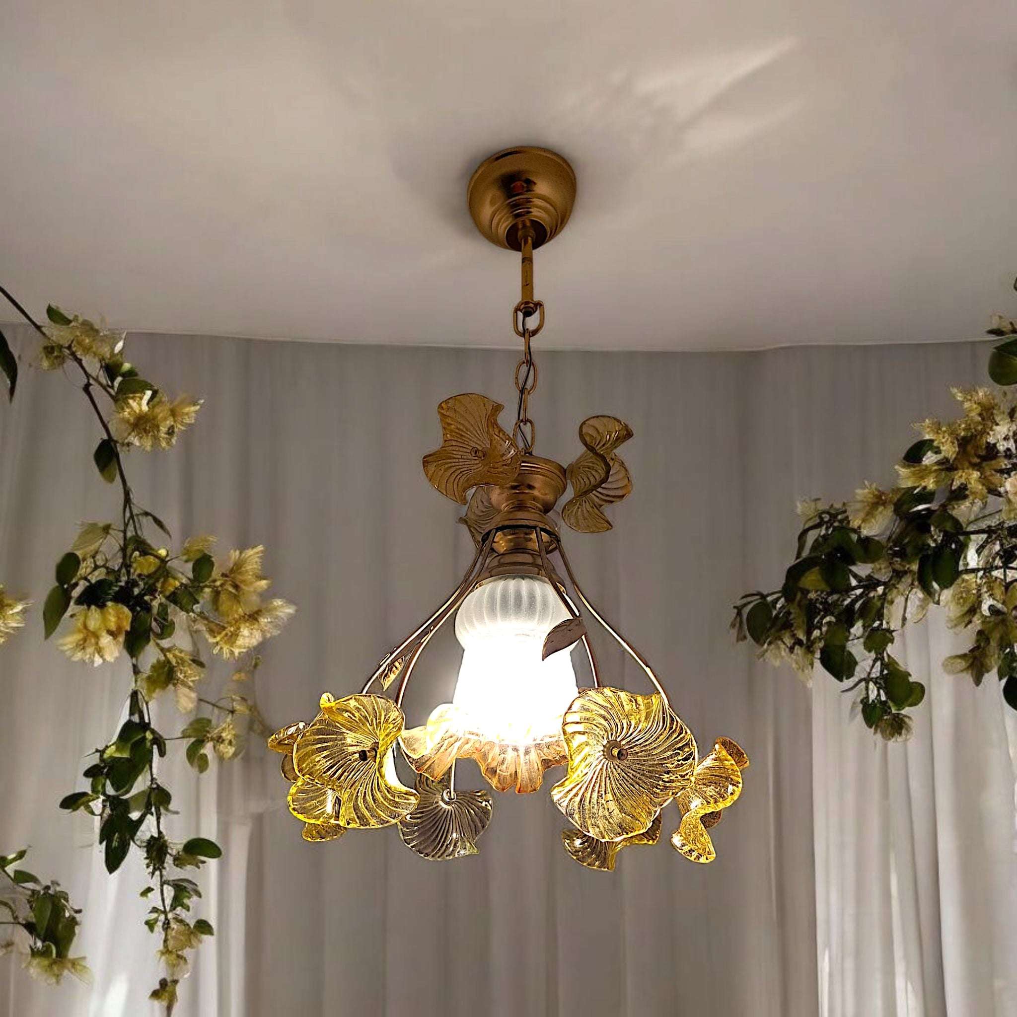 Vintage Glass Floral Chandelier, 90s Floral Ceiling Pendant Lamp