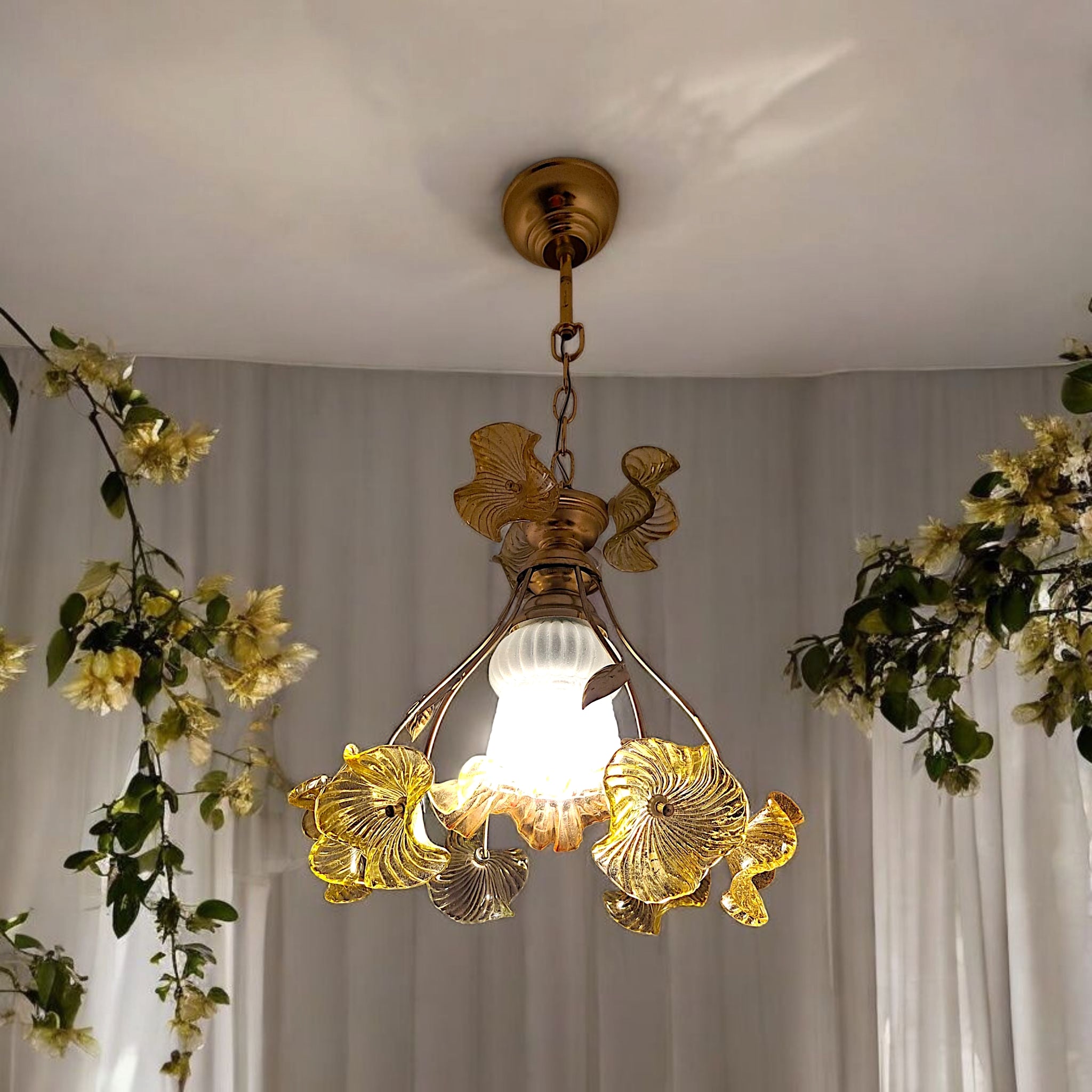 Vintage Glass Floral Chandelier, 90s Floral Ceiling Pendant Lamp