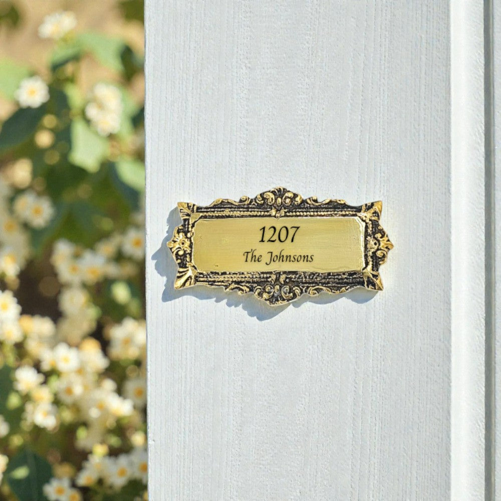 Custom Solid Brass Name Plaque – Personalized Family Name & House Number Wall Sign