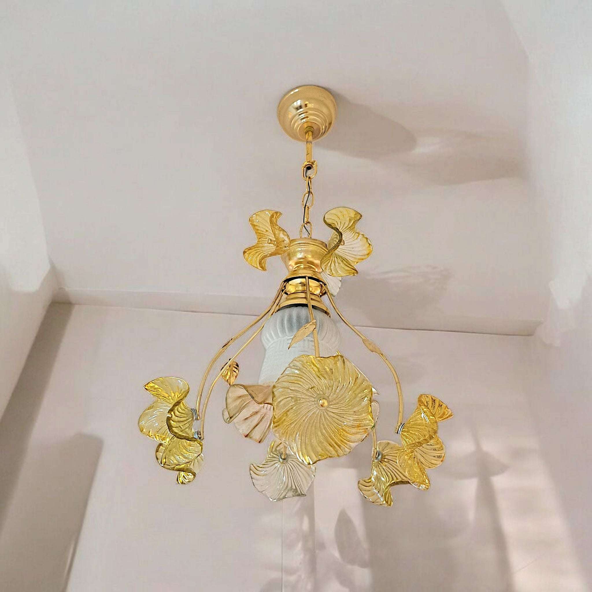 Vintage glass floral chandelier with yellow petals and gold arms