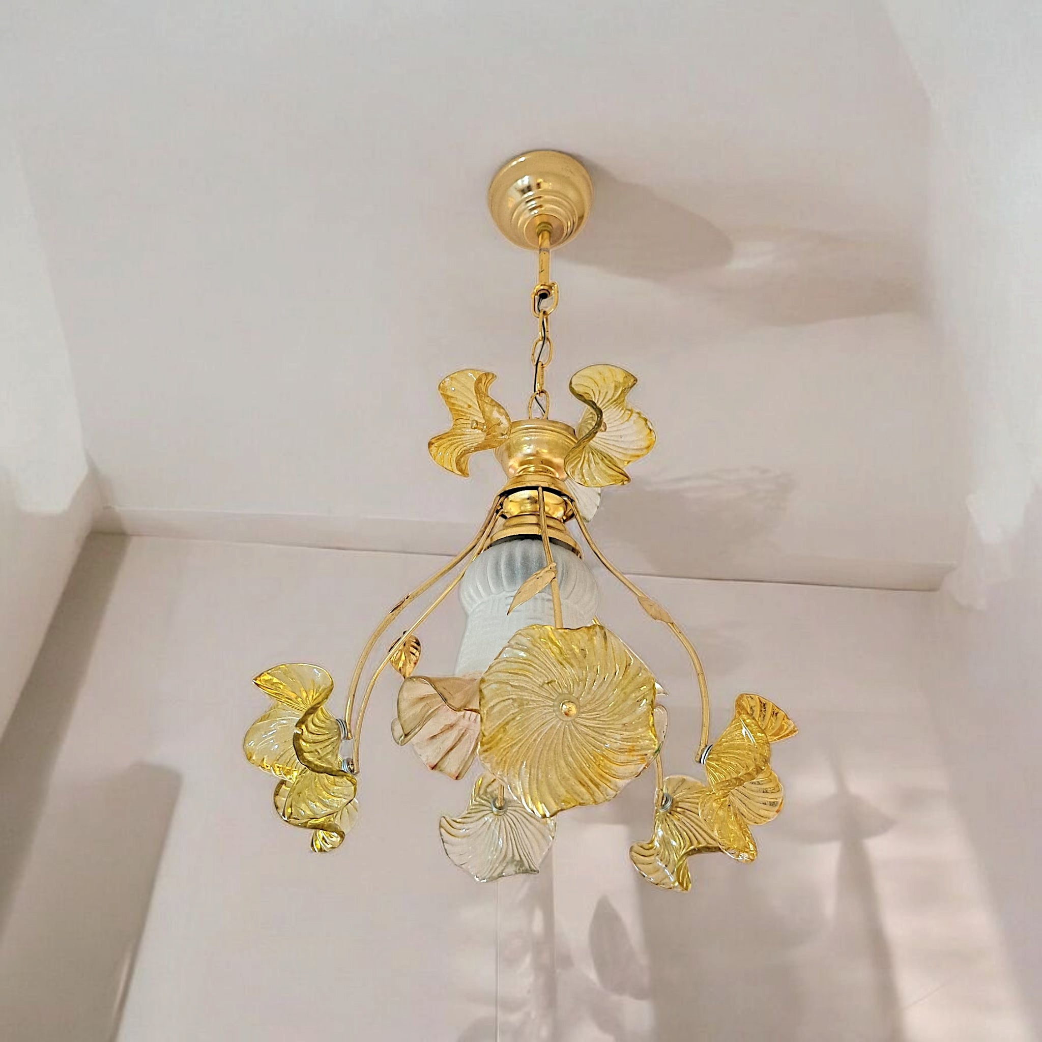 Vintage glass floral chandelier with yellow petals and gold arms