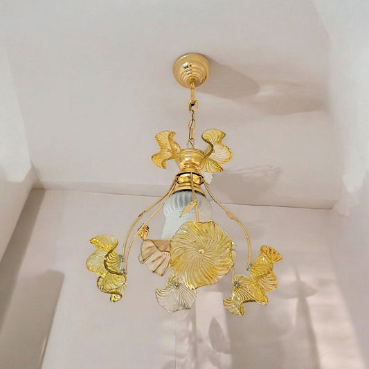 Vintage glass floral chandelier with yellow petals and gold arms