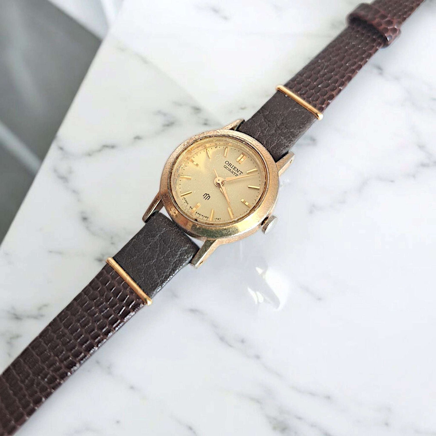 Vintage Orient Women Wrist Watch, Gold Case, Brown Leather Strap