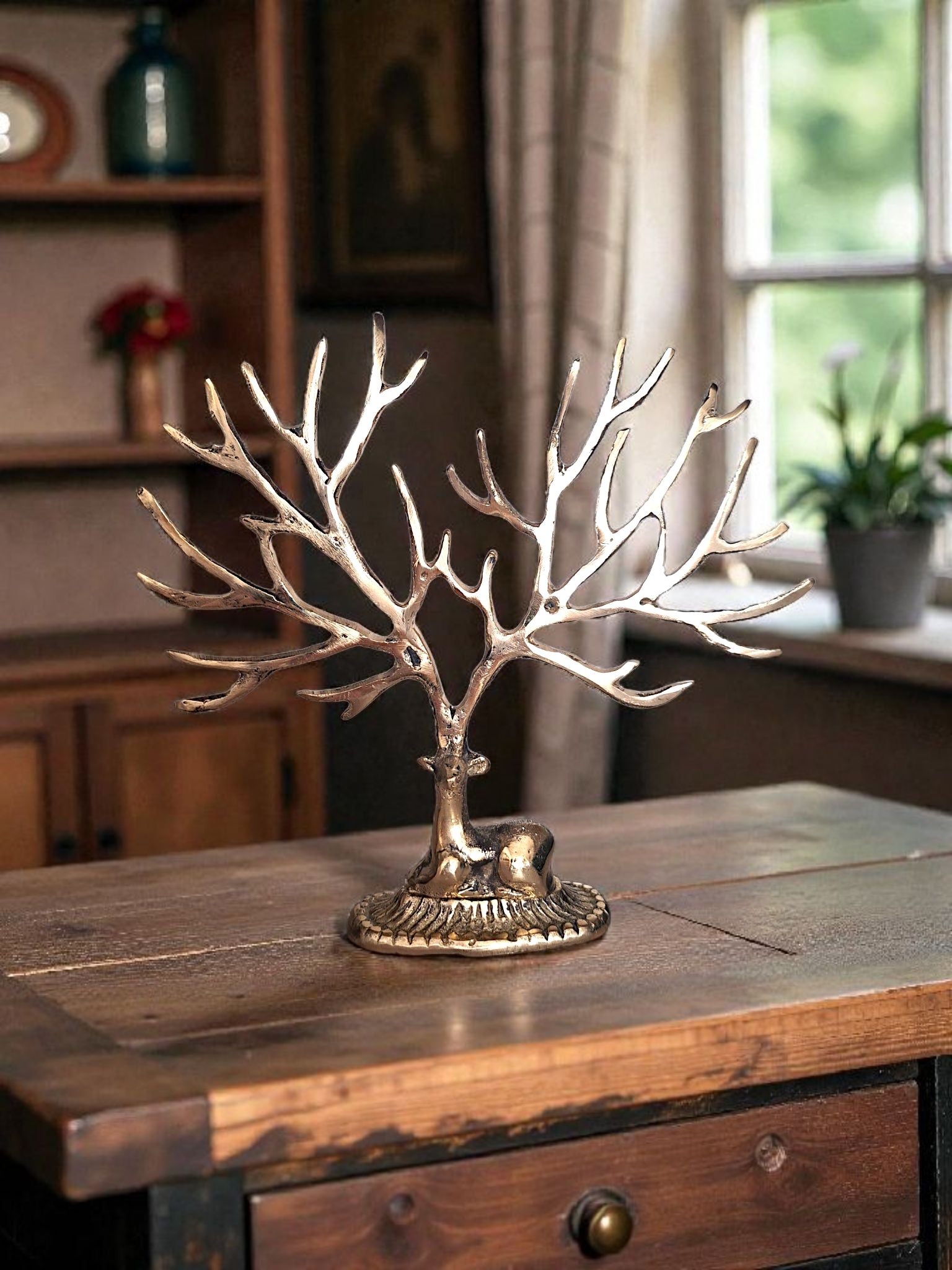 Brass Deer Jewelry Stand – Tree Shaped Handmade Tabletop Decor in Gold Finish